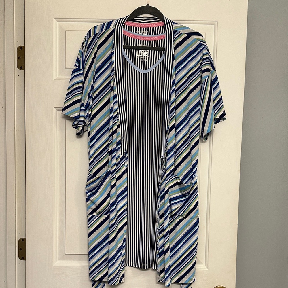 Muk Luks Striped Pajama Set - Blue, Green, White